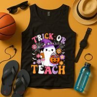 Trick Or Teach Groovy Teacher Ghost Funny Halloween Teacher Tank Top thumb 4