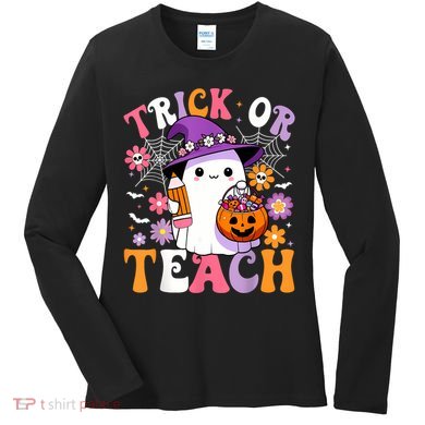 Trick Or Teach Groovy Teacher Ghost Funny Halloween Teacher Women's Long Sleeve Shirt