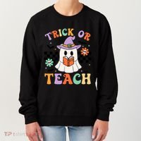 Trick Or Teach Groovy Teacher Halloween Retro Floral Ghost Women's Sweatshirt thumb 0