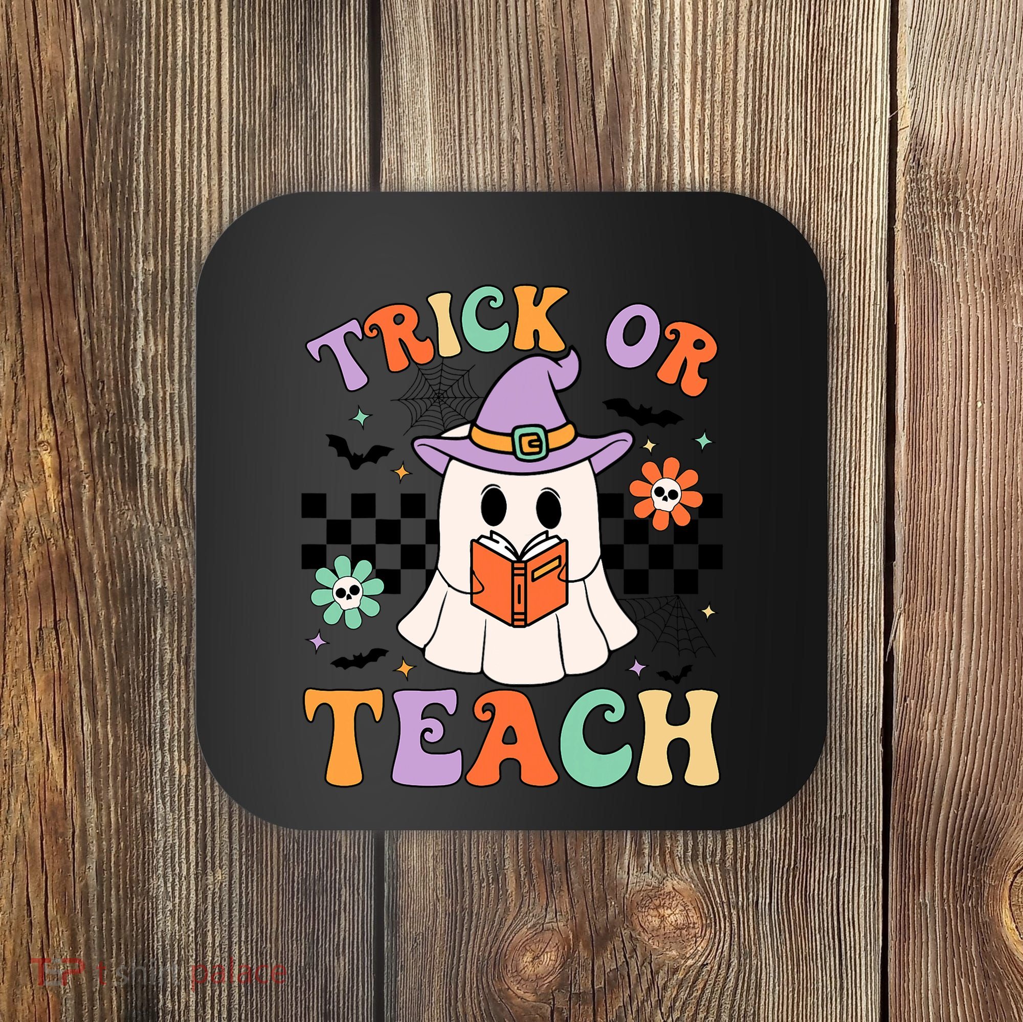 Trick Or Teach Groovy Teacher Halloween Retro Floral Ghost Coaster