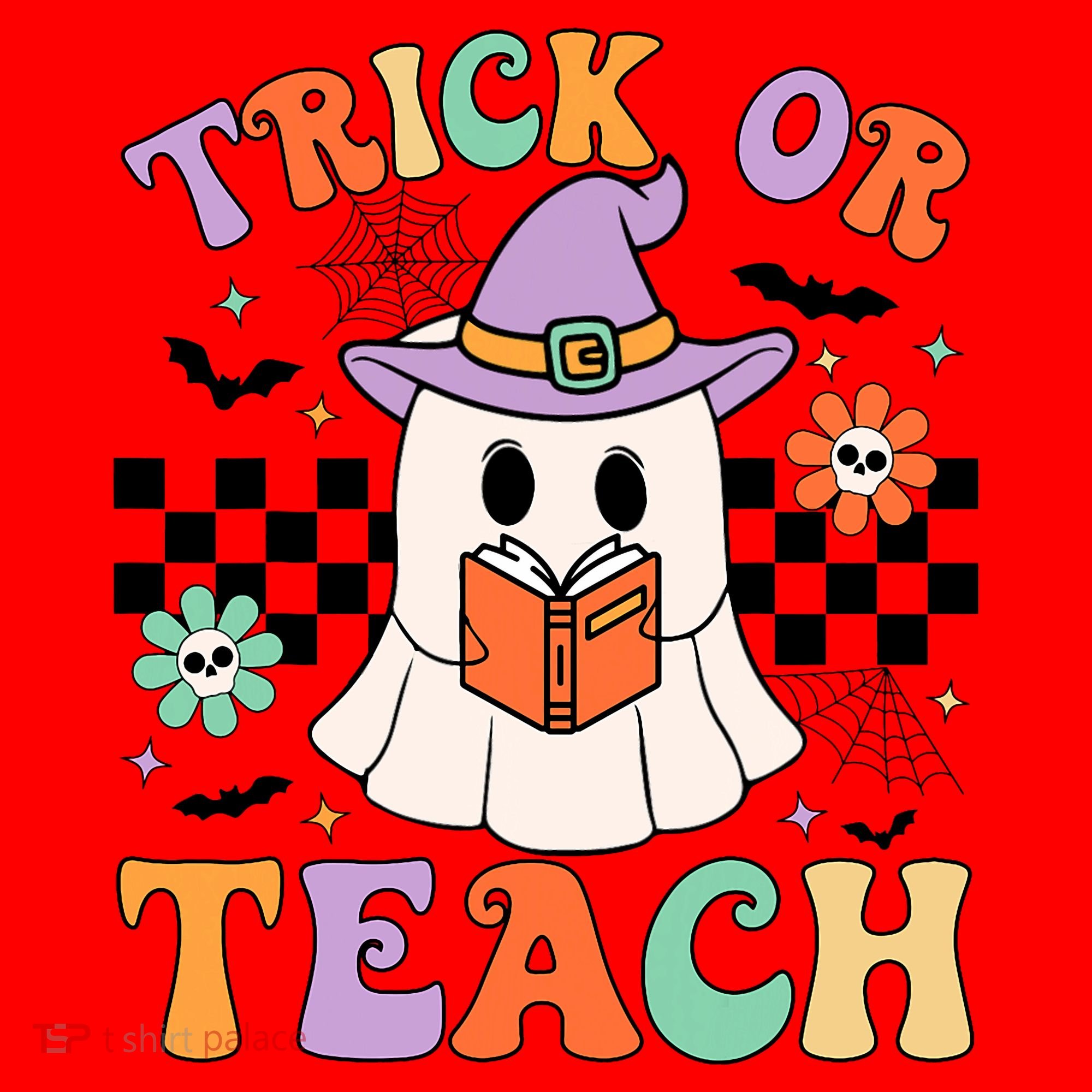 Trick Or Teach Groovy Teacher Halloween Retro Floral Ghost Santa Hat