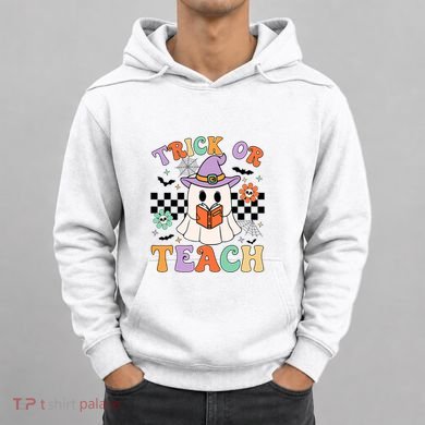 Trick Or Teach Groovy Teacher Halloween Retro Floral Ghost Hoodie