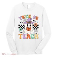Trick Or Teach Groovy Teacher Halloween Retro Floral Ghost Long Sleeve Shirt thumb 0