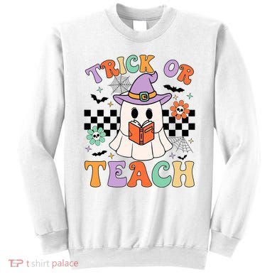 Trick Or Teach Groovy Teacher Halloween Retro Floral Ghost Sweatshirt