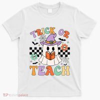 Trick Or Teach Groovy Teacher Halloween Retro Floral Ghost T-Shirt thumb 0