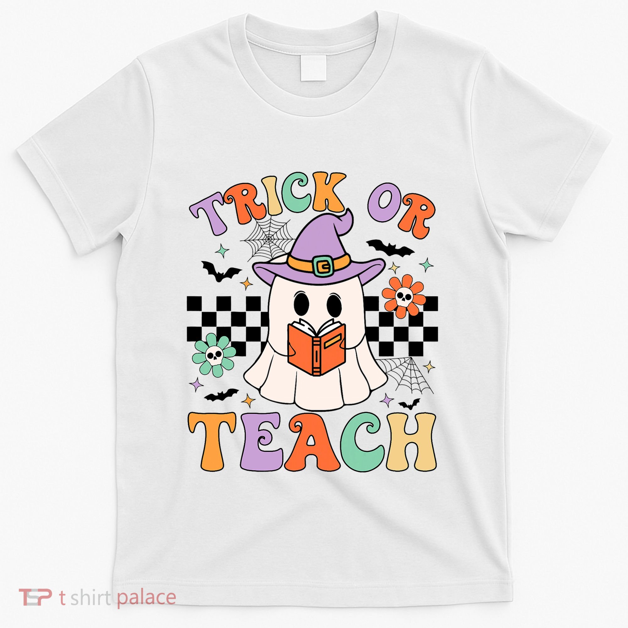 Trick Or Teach Groovy Teacher Halloween Retro Floral Ghost T-Shirt