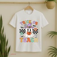 Trick Or Teach Groovy Teacher Halloween Retro Floral Ghost T-Shirt thumb 2