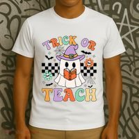 Trick Or Teach Groovy Teacher Halloween Retro Floral Ghost T-Shirt thumb 3