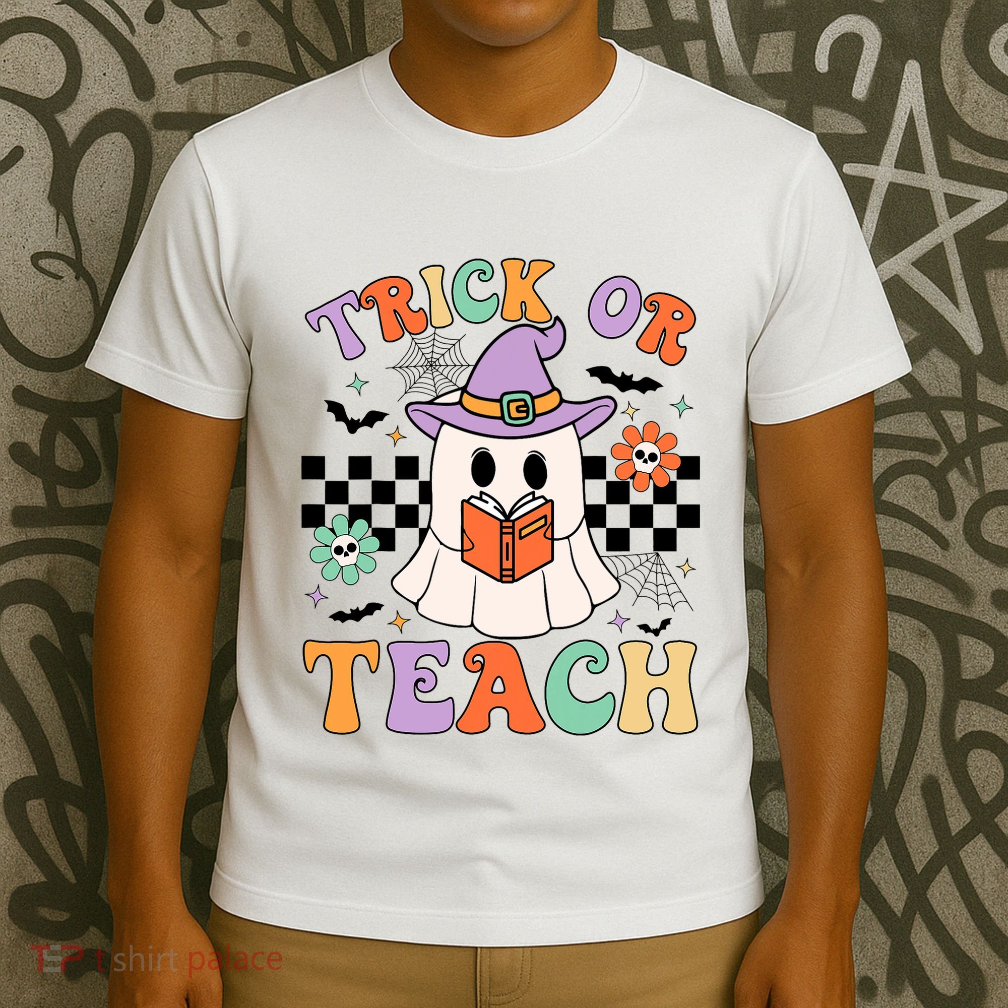 Trick Or Teach Groovy Teacher Halloween Retro Floral Ghost T-Shirt