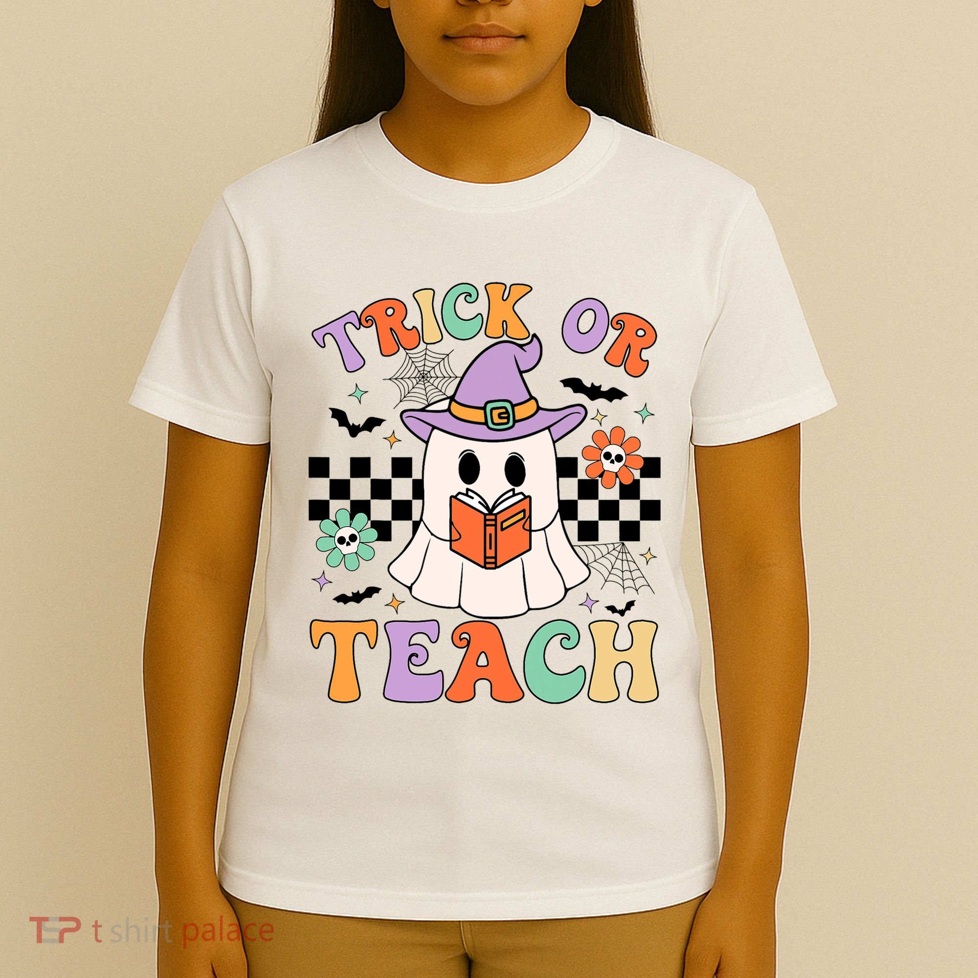 Trick Or Teach Groovy Teacher Halloween Retro Floral Ghost T-Shirt