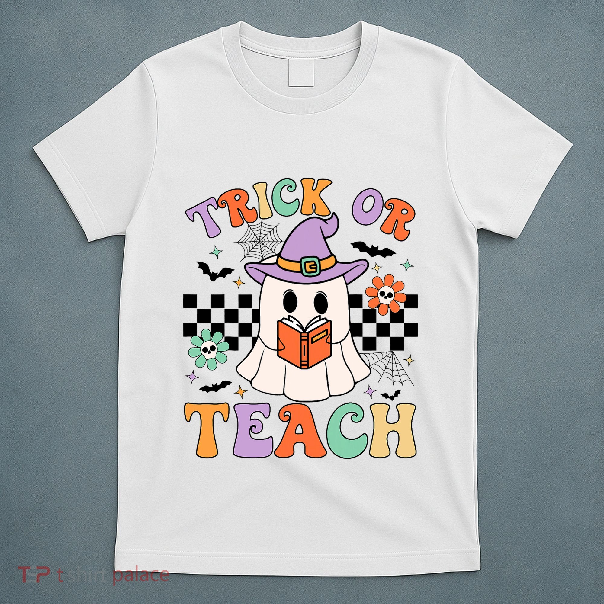 Trick Or Teach Groovy Teacher Halloween Retro Floral Ghost T-Shirt