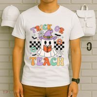 Trick Or Teach Groovy Teacher Halloween Retro Floral Ghost T-Shirt thumb 6