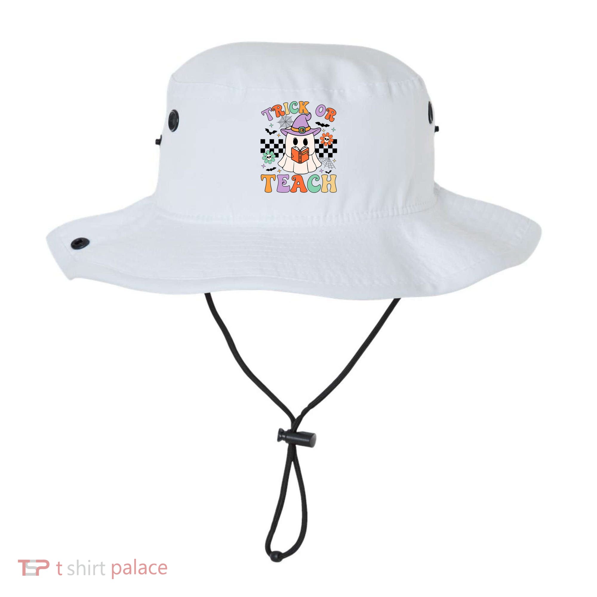 Trick Or Teach Groovy Teacher Halloween Retro Floral Ghost Bucket Hat