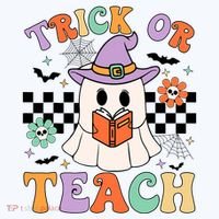 Trick Or Teach Groovy Teacher Halloween Retro Floral Ghost Bucket Hat thumb 4
