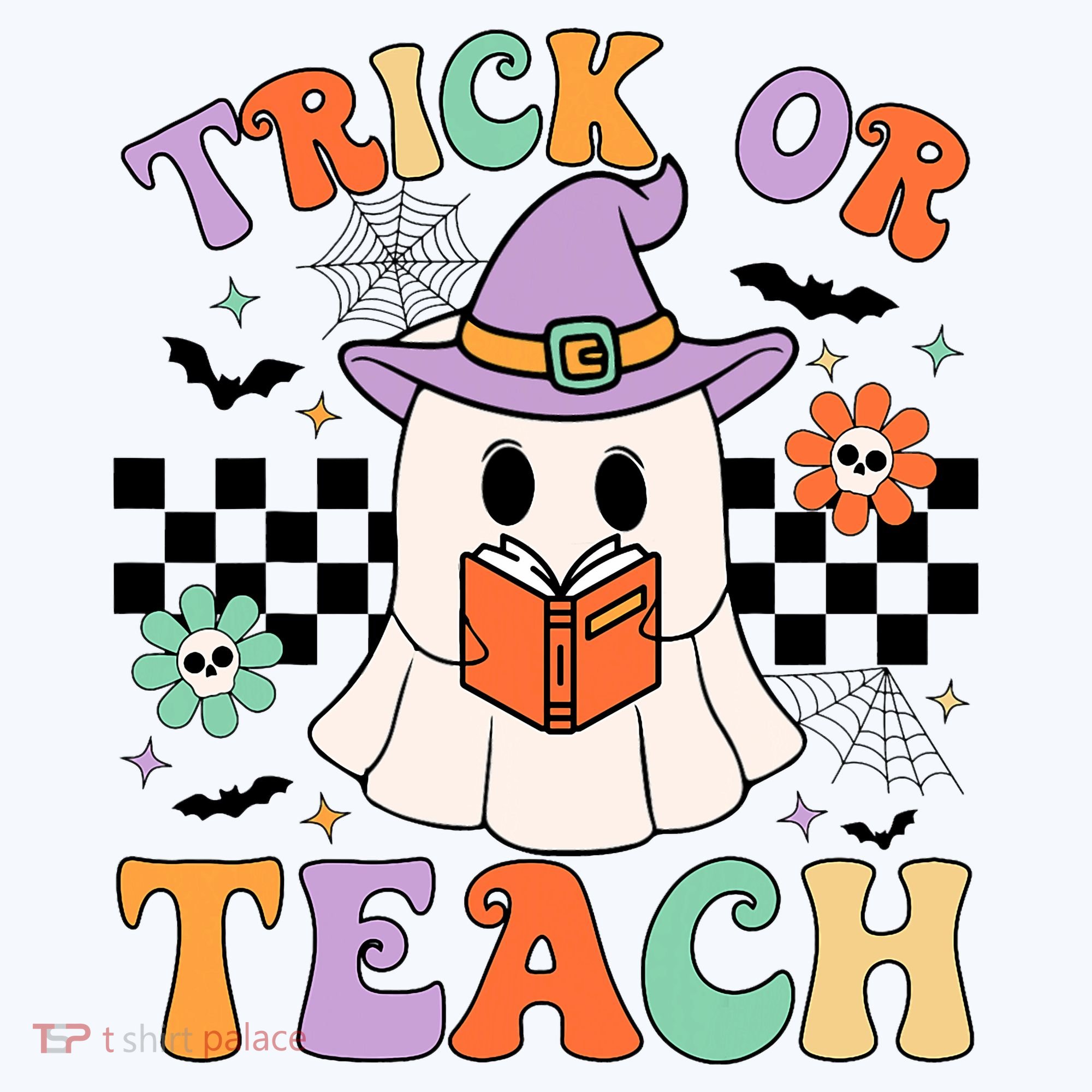 Trick Or Teach Groovy Teacher Halloween Retro Floral Ghost Bucket Hat