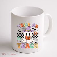 Trick Or Teach Groovy Teacher Halloween Retro Floral Ghost Coffee Mug thumb 1