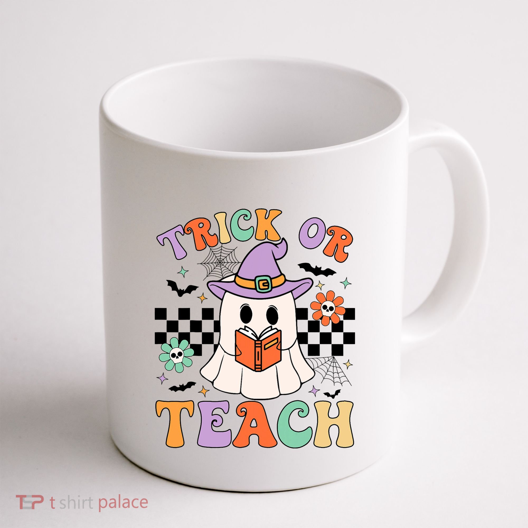Trick Or Teach Groovy Teacher Halloween Retro Floral Ghost Coffee Mug