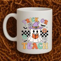Trick Or Teach Groovy Teacher Halloween Retro Floral Ghost Coffee Mug thumb 2