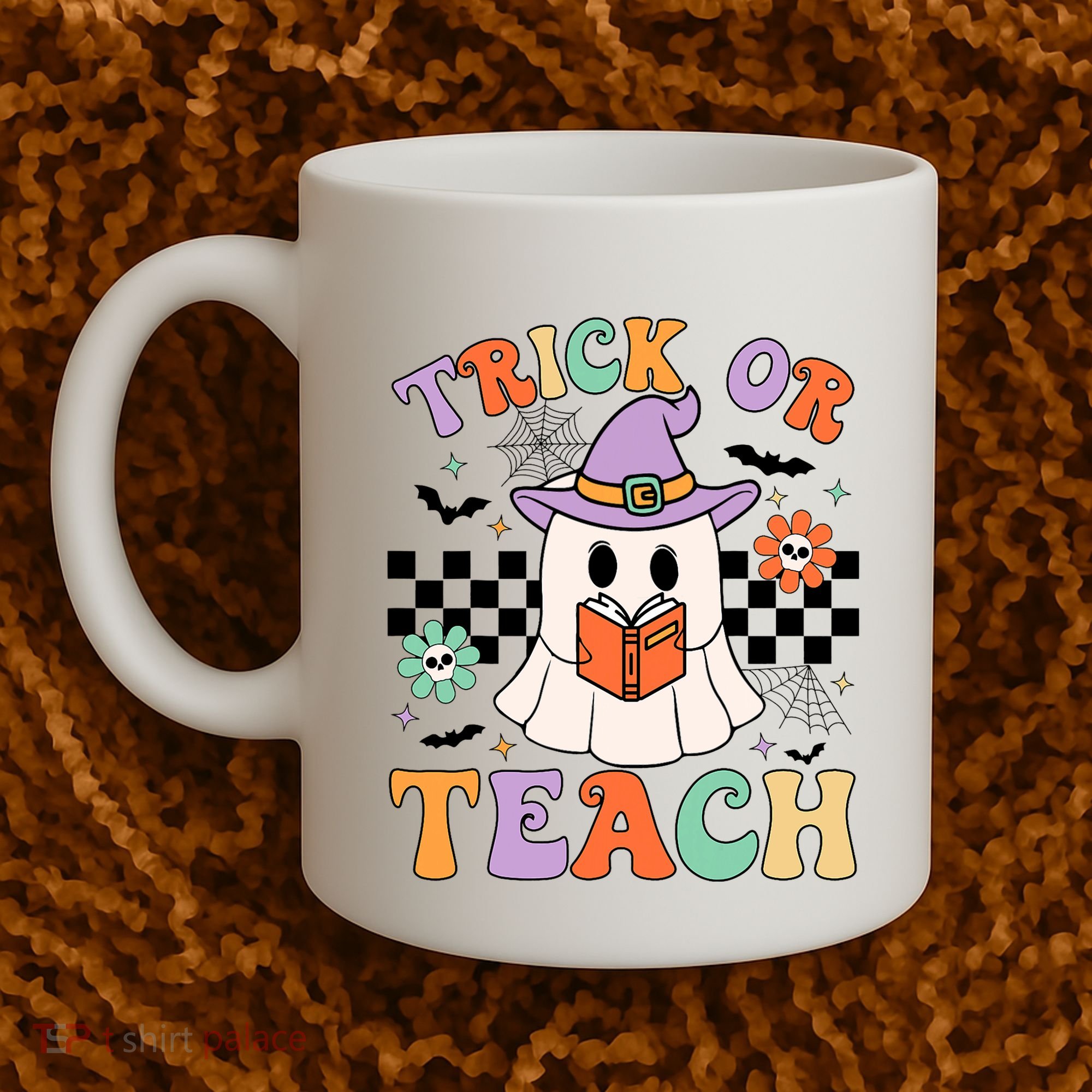 Trick Or Teach Groovy Teacher Halloween Retro Floral Ghost Coffee Mug