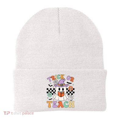 Trick Or Teach Groovy Teacher Halloween Retro Floral Ghost Beanie