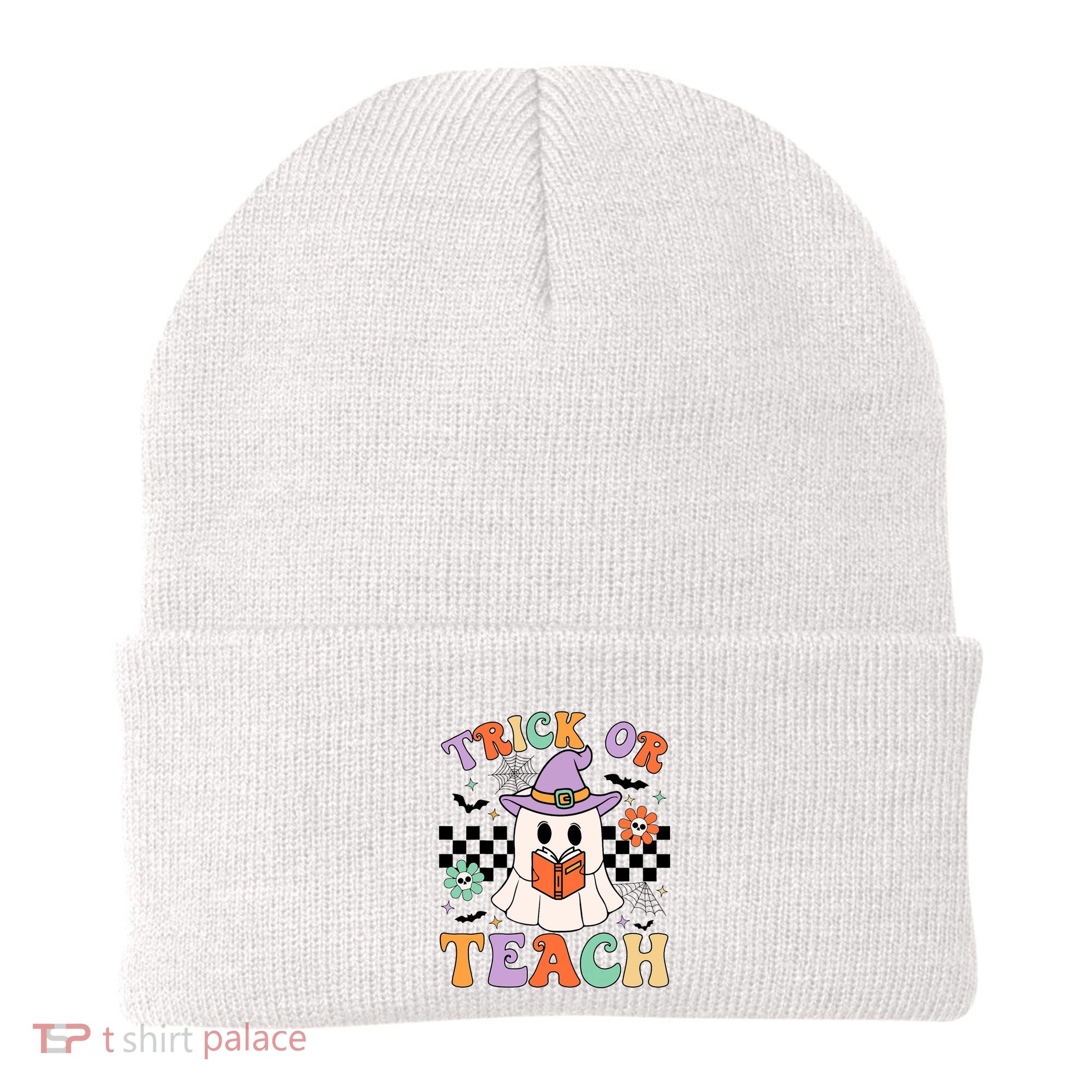 Trick Or Teach Groovy Teacher Halloween Retro Floral Ghost Beanie