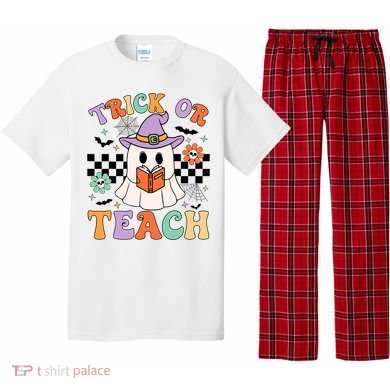 Trick Or Teach Groovy Teacher Halloween Retro Floral Ghost Pajama Set