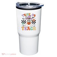 Trick Or Teach Groovy Teacher Halloween Retro Floral Ghost Tumbler thumb 0