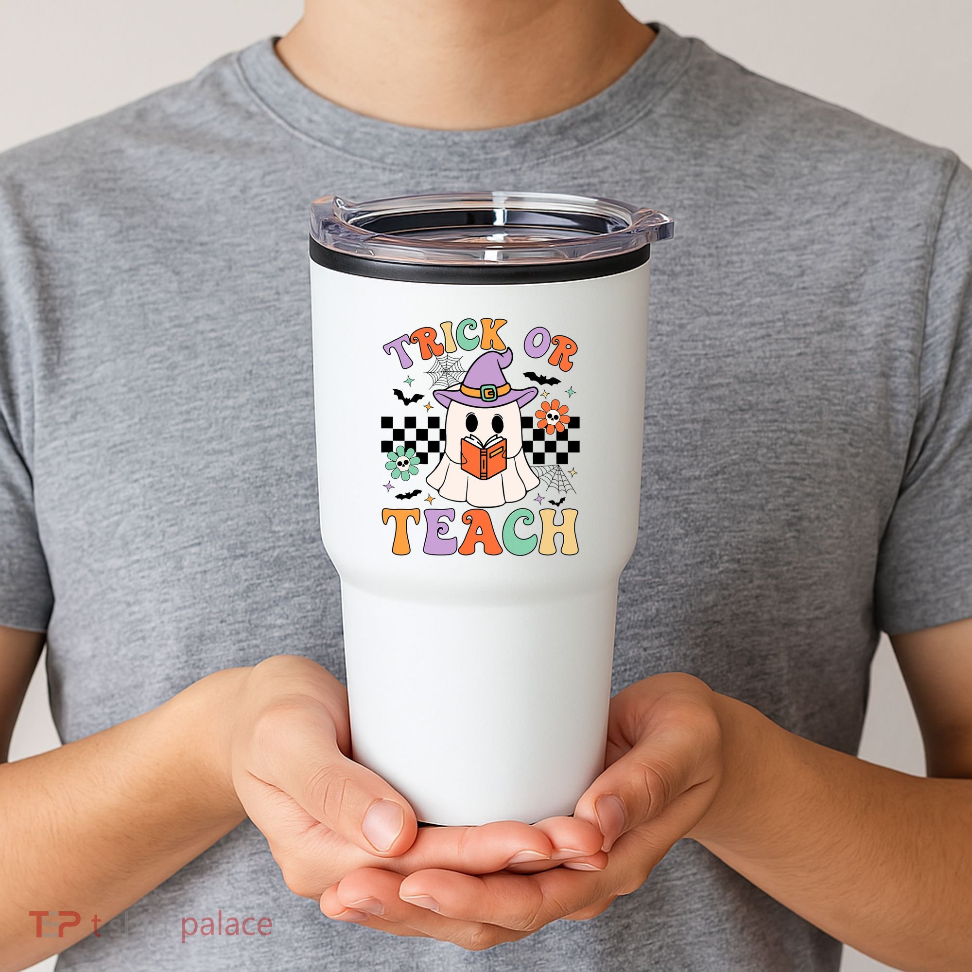 Trick Or Teach Groovy Teacher Halloween Retro Floral Ghost Tumbler