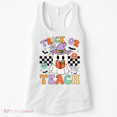 Trick Or Teach Groovy Teacher Halloween Retro Floral Ghost Women's Tank Top