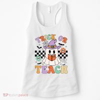 Trick Or Teach Groovy Teacher Halloween Retro Floral Ghost Women's Tank Top thumb 0