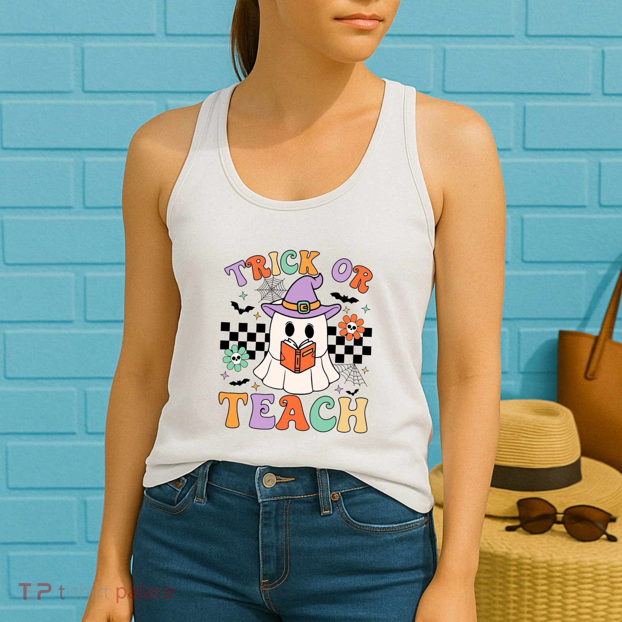 Trick Or Teach Groovy Teacher Halloween Retro Floral Ghost Women's Tank Top