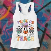 Trick Or Teach Groovy Teacher Halloween Retro Floral Ghost Women's Tank Top thumb 3