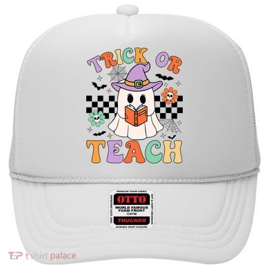 Trick Or Teach Groovy Teacher Halloween Retro Floral Ghost Hat