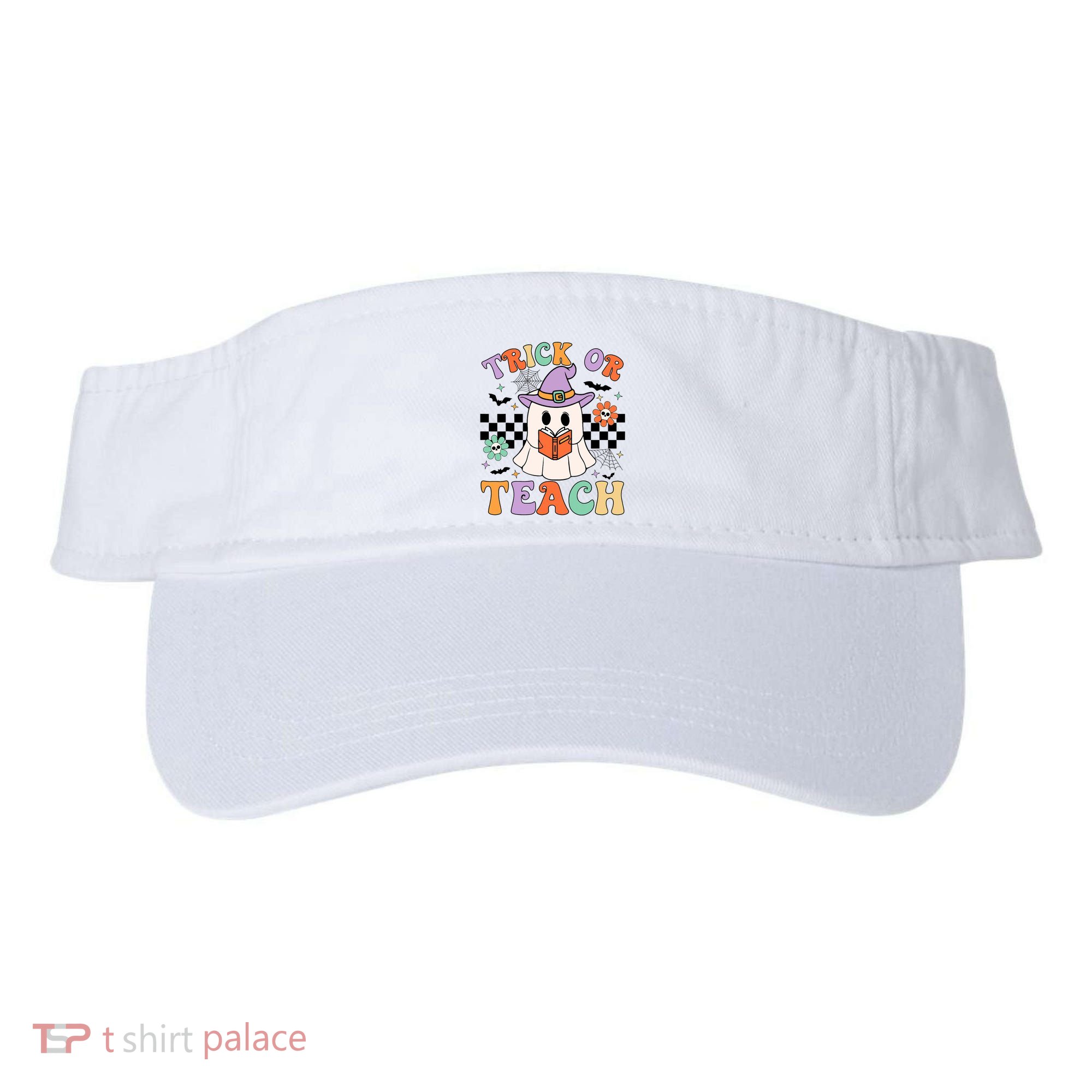 Trick Or Teach Groovy Teacher Halloween Retro Floral Ghost Visor
