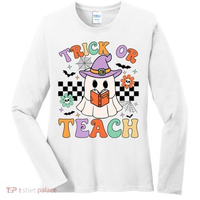 Trick Or Teach Groovy Teacher Halloween Retro Floral Ghost Women's Long Sleeve Shirt