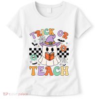 Trick Or Teach Groovy Teacher Halloween Retro Floral Ghost Women's T-Shirt thumb 0