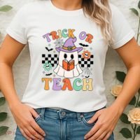 Trick Or Teach Groovy Teacher Halloween Retro Floral Ghost Women's T-Shirt thumb 2
