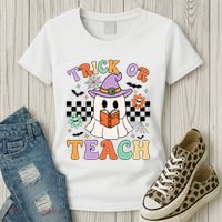 Trick Or Teach Groovy Teacher Halloween Retro Floral Ghost Women's T-Shirt thumb 3