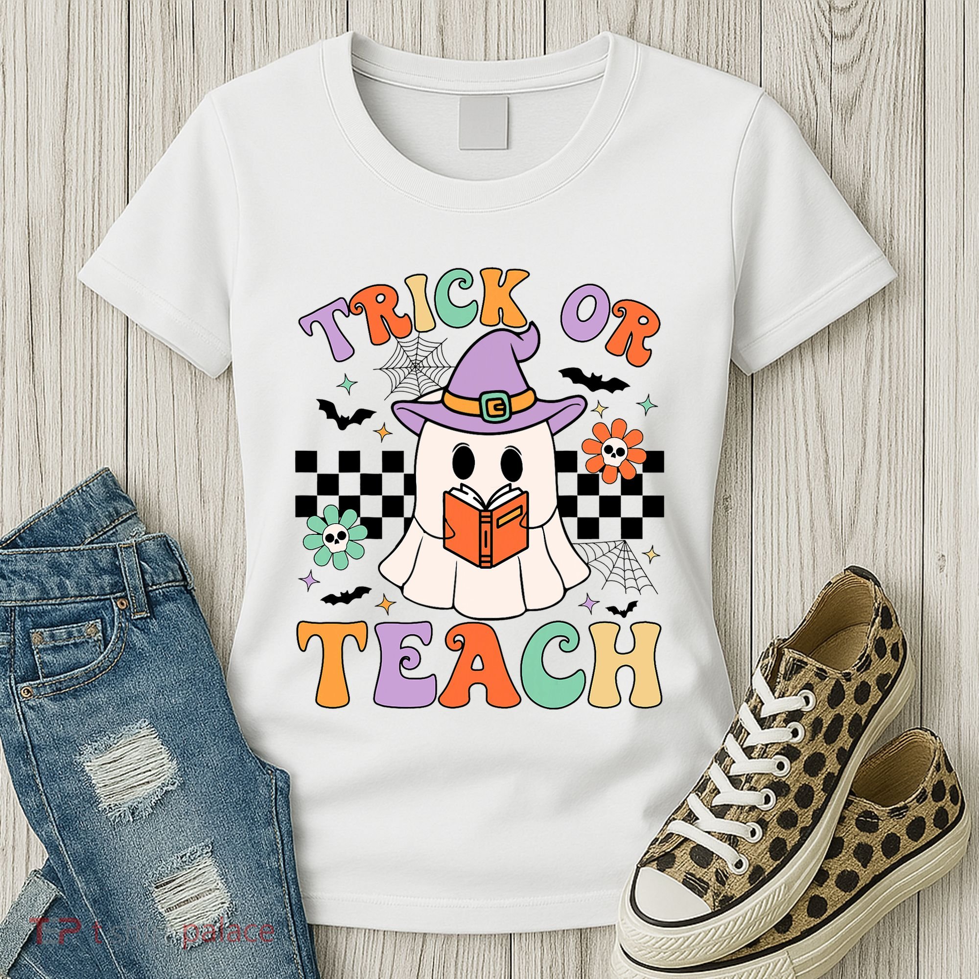 Trick Or Teach Groovy Teacher Halloween Retro Floral Ghost Women's T-Shirt