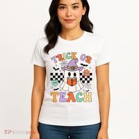 Trick Or Teach Groovy Teacher Halloween Retro Floral Ghost Women's T-Shirt thumb 4