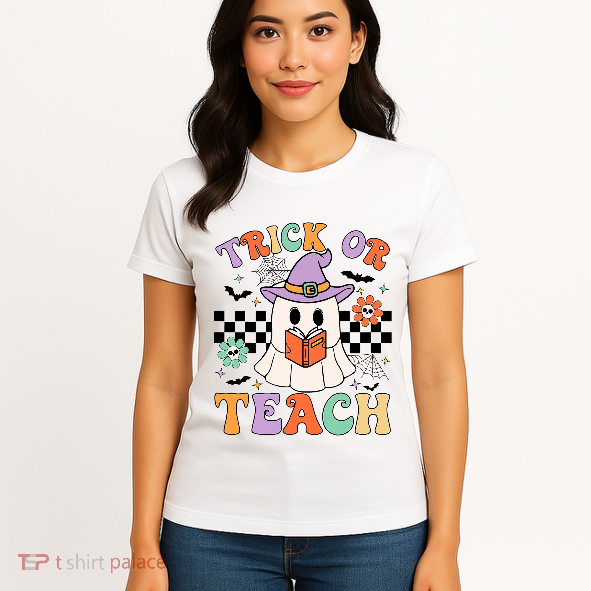 Trick Or Teach Groovy Teacher Halloween Retro Floral Ghost Women's T-Shirt
