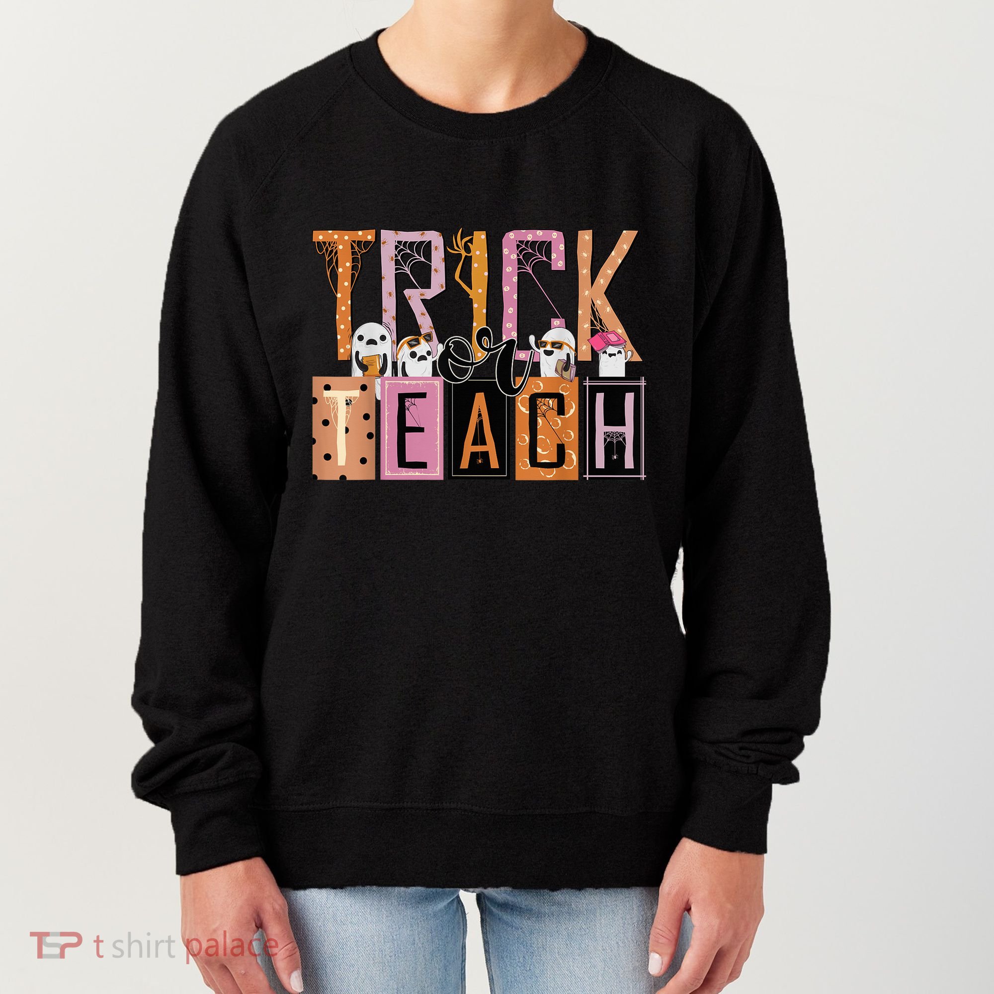 Trick or Teach Floral Groovy Halloween Teacher Retro Ghost Women's Sweatshirt