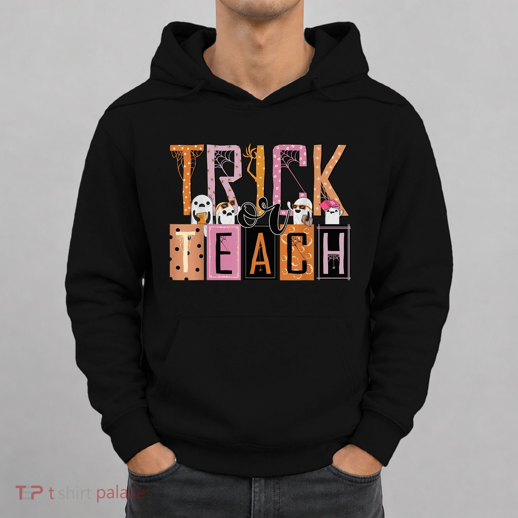 Trick or Teach Floral Groovy Halloween Teacher Retro Ghost Hoodie