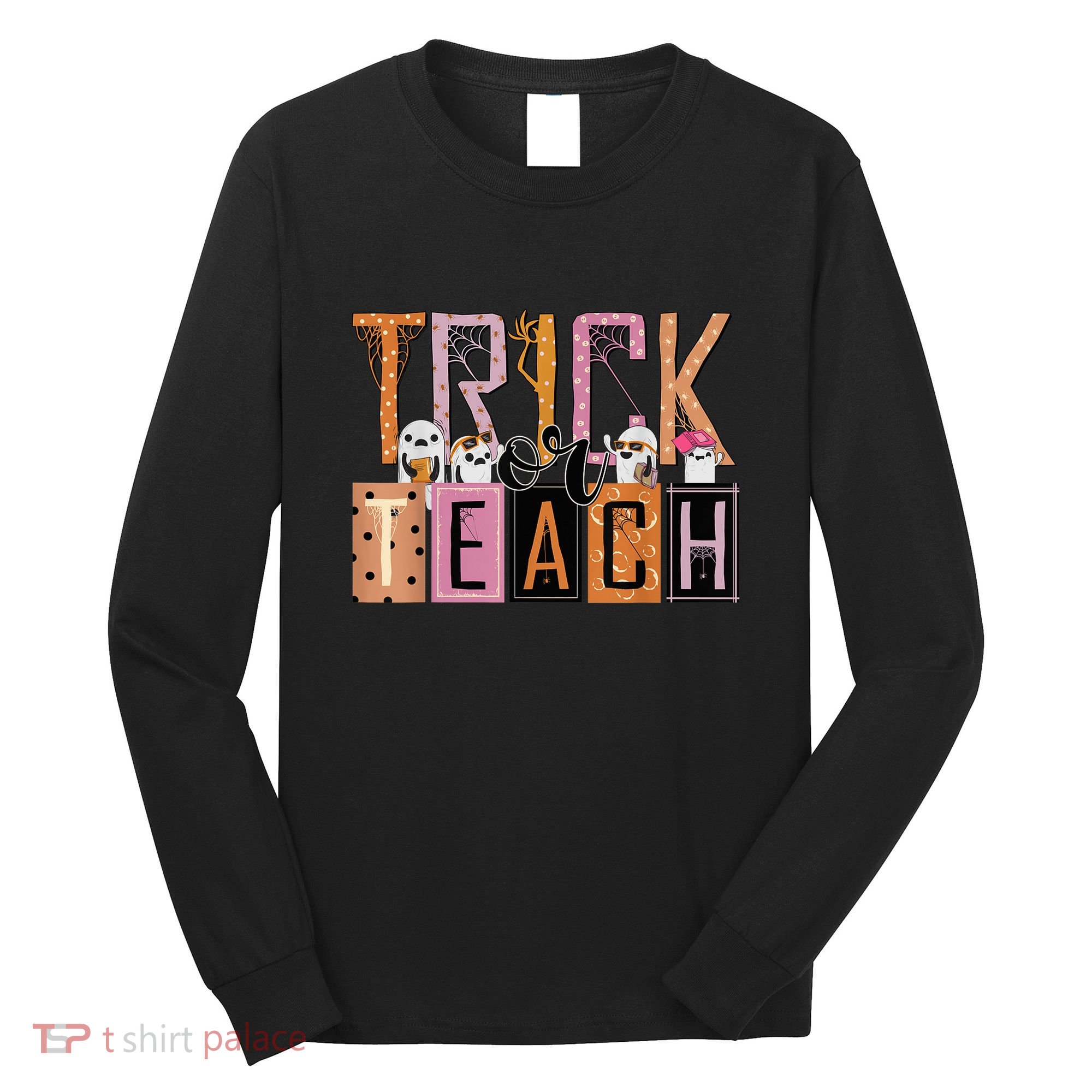Trick or Teach Floral Groovy Halloween Teacher Retro Ghost Long Sleeve Shirt