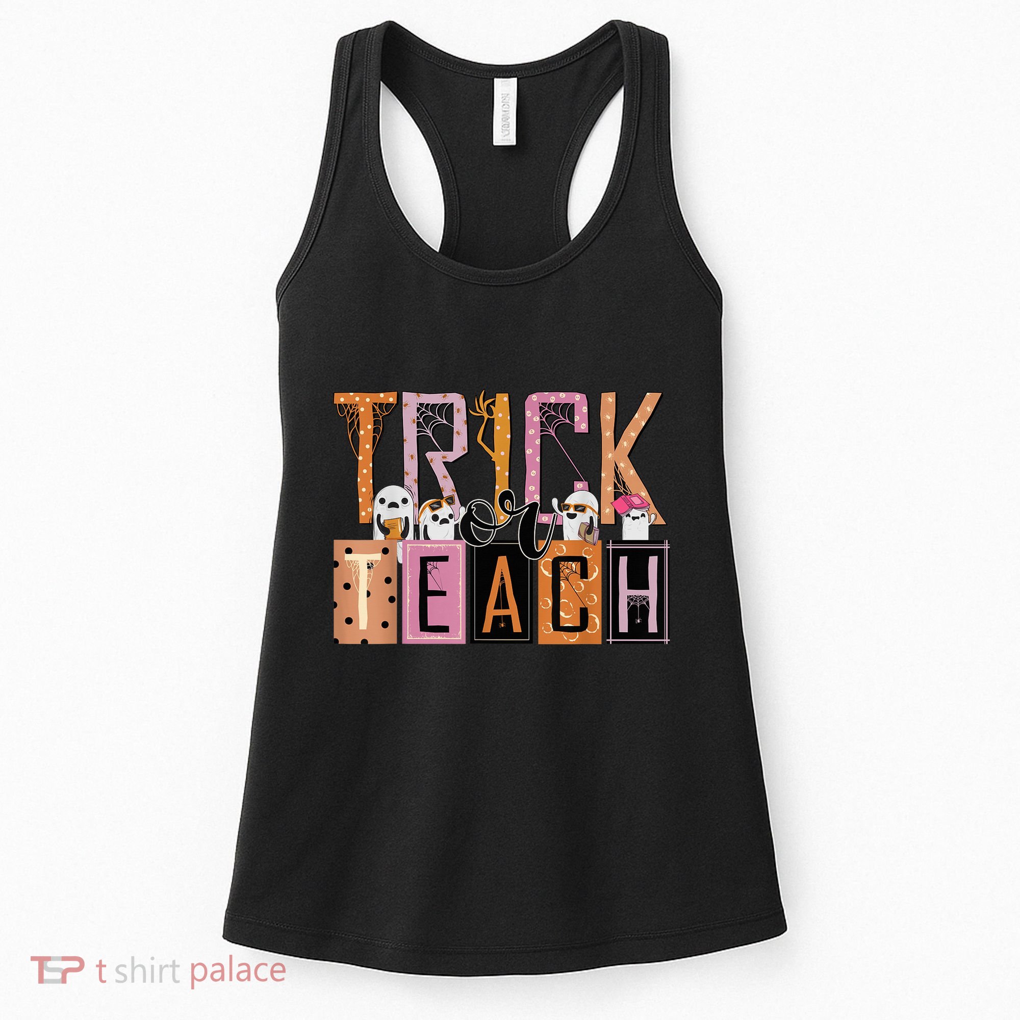 Trick or Teach Floral Groovy Halloween Teacher Retro Ghost Women's Tank Top