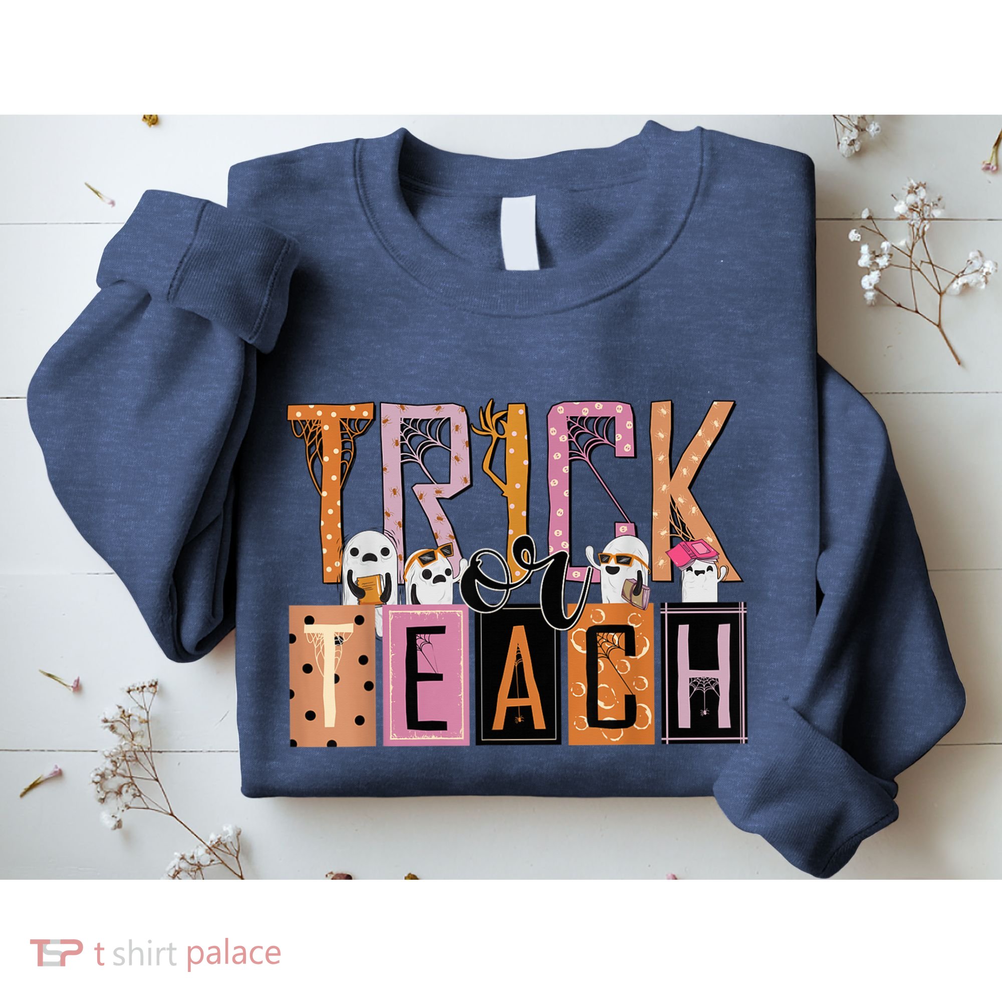 Trick or Teach Floral Groovy Halloween Teacher Retro Ghost Sweatshirt