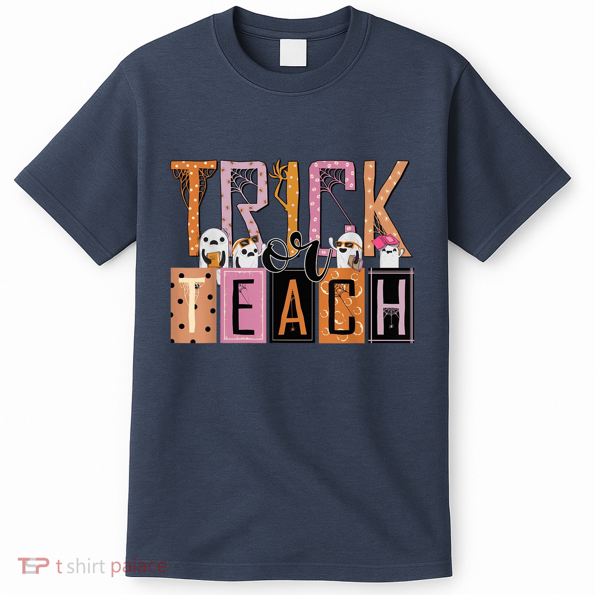 Trick or Teach Floral Groovy Halloween Teacher Retro Ghost T-Shirt
