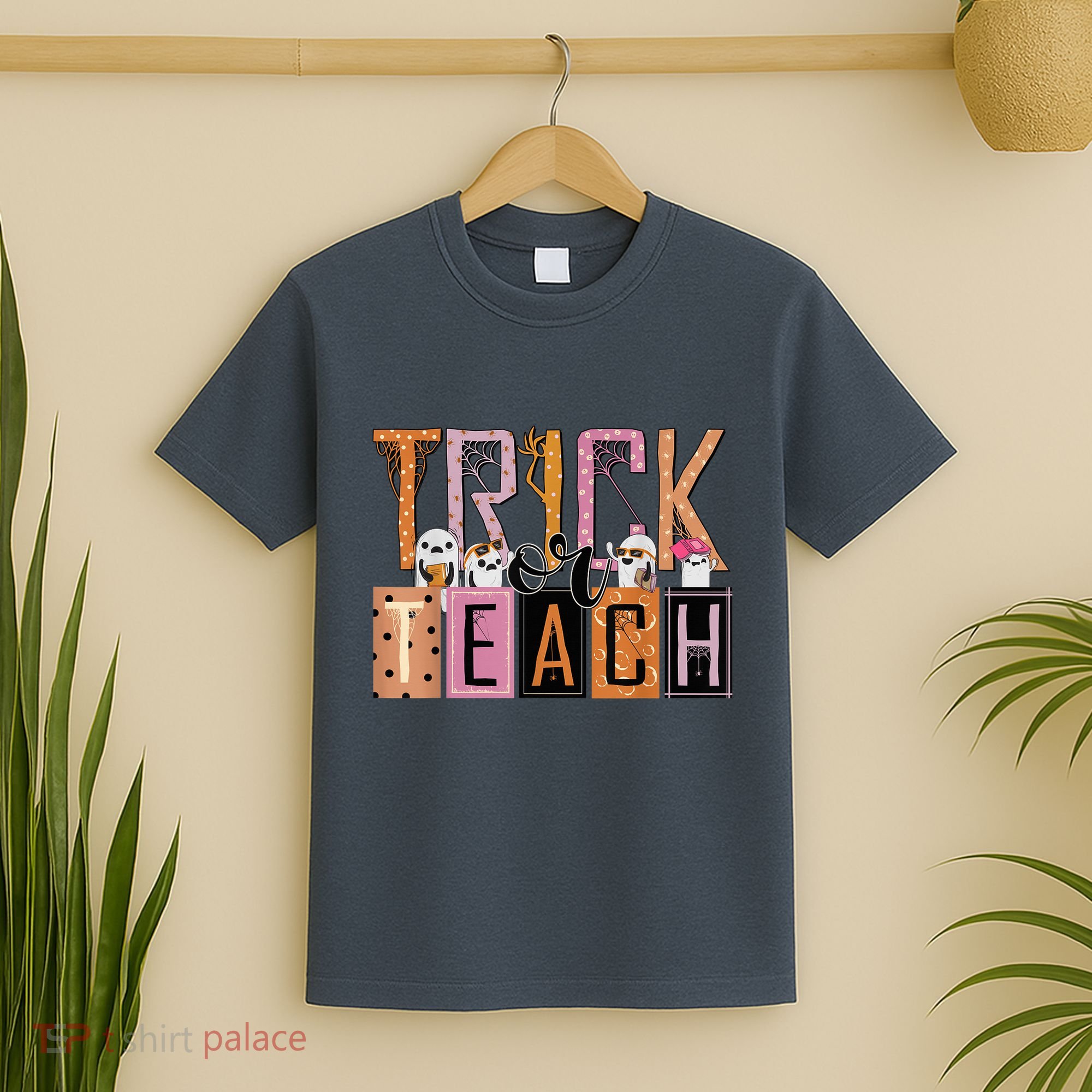 Trick or Teach Floral Groovy Halloween Teacher Retro Ghost T-Shirt