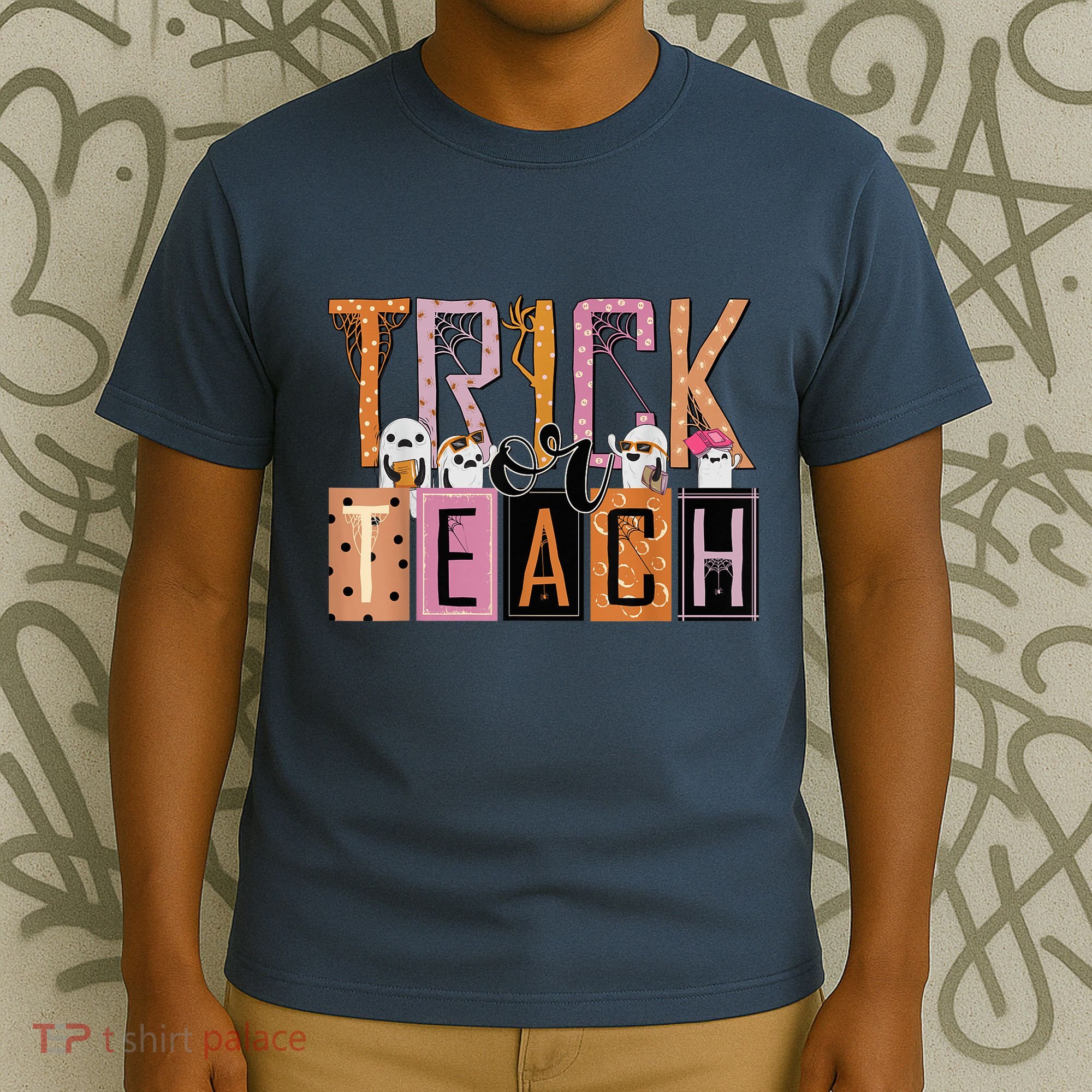 Trick or Teach Floral Groovy Halloween Teacher Retro Ghost T-Shirt