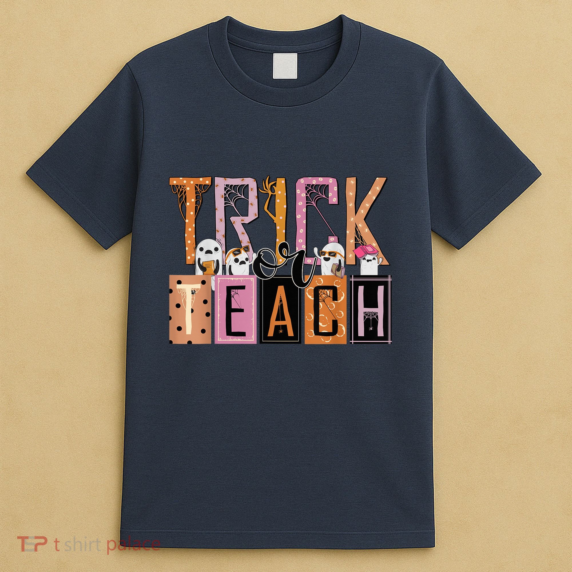 Trick or Teach Floral Groovy Halloween Teacher Retro Ghost T-Shirt